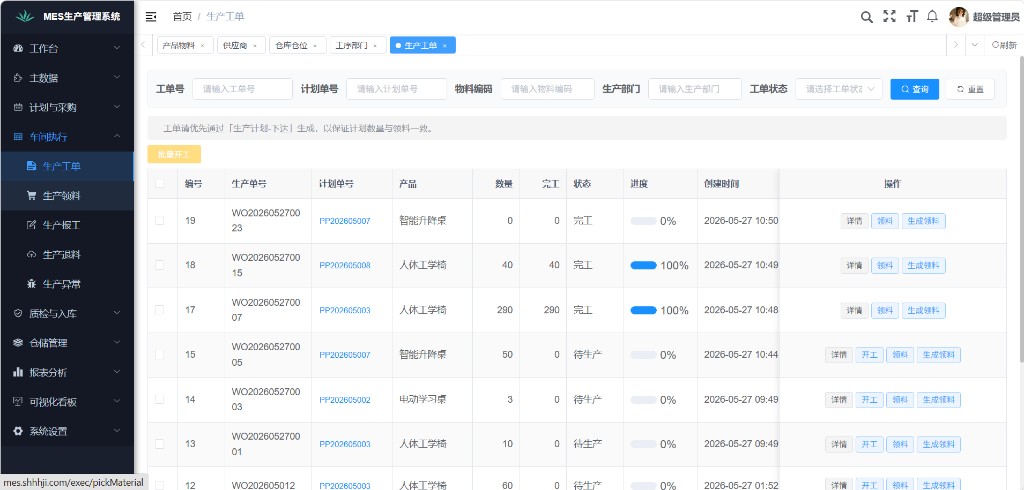 MES生产工单列表